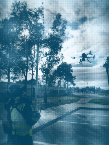 Dron LIDAR sobrevolando infraestructura para levantamiento 3D